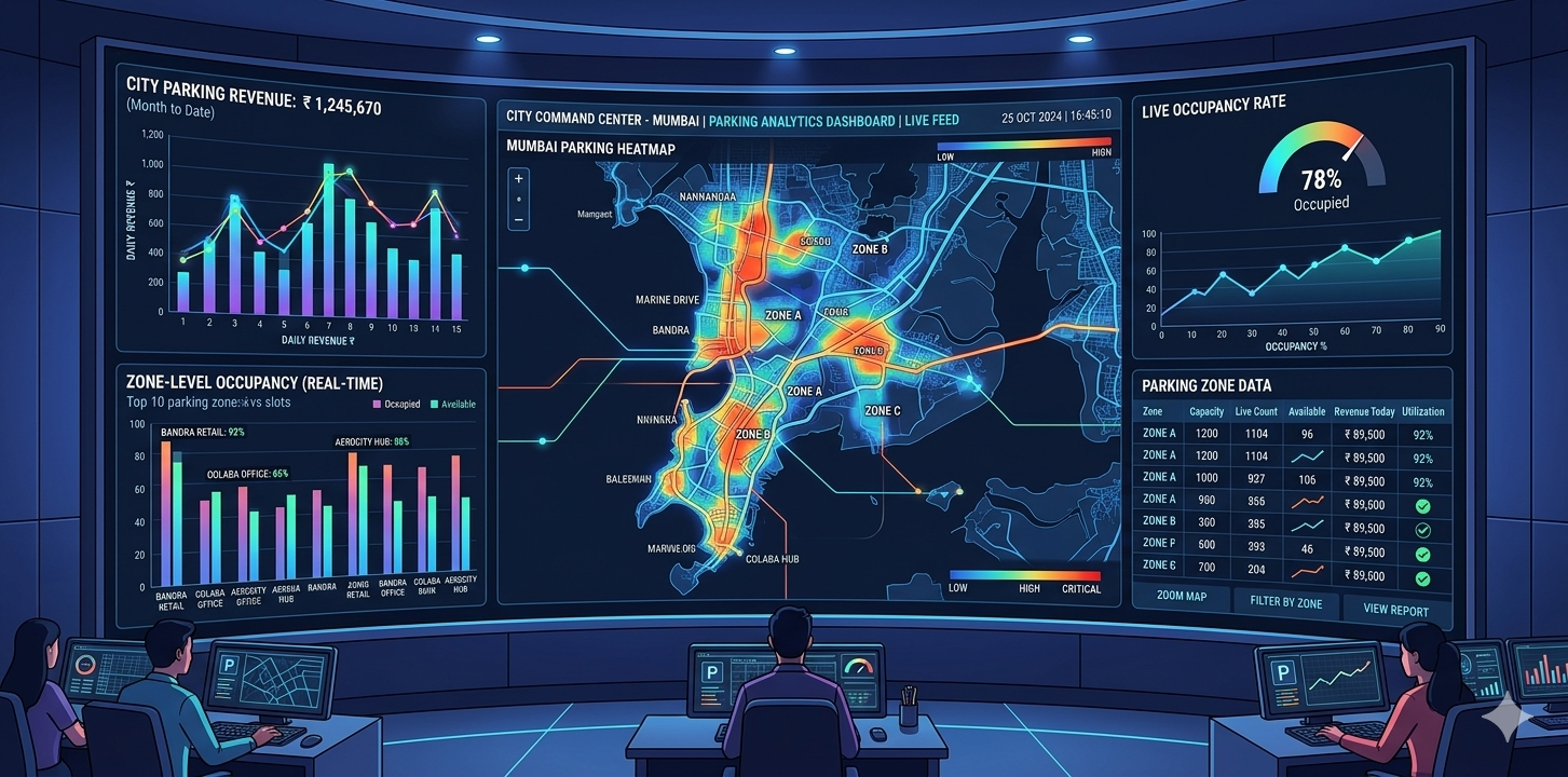 Parking analytics dashboards give city authorities actionable data to optimise zones, tariffs, and infrastructure investment.